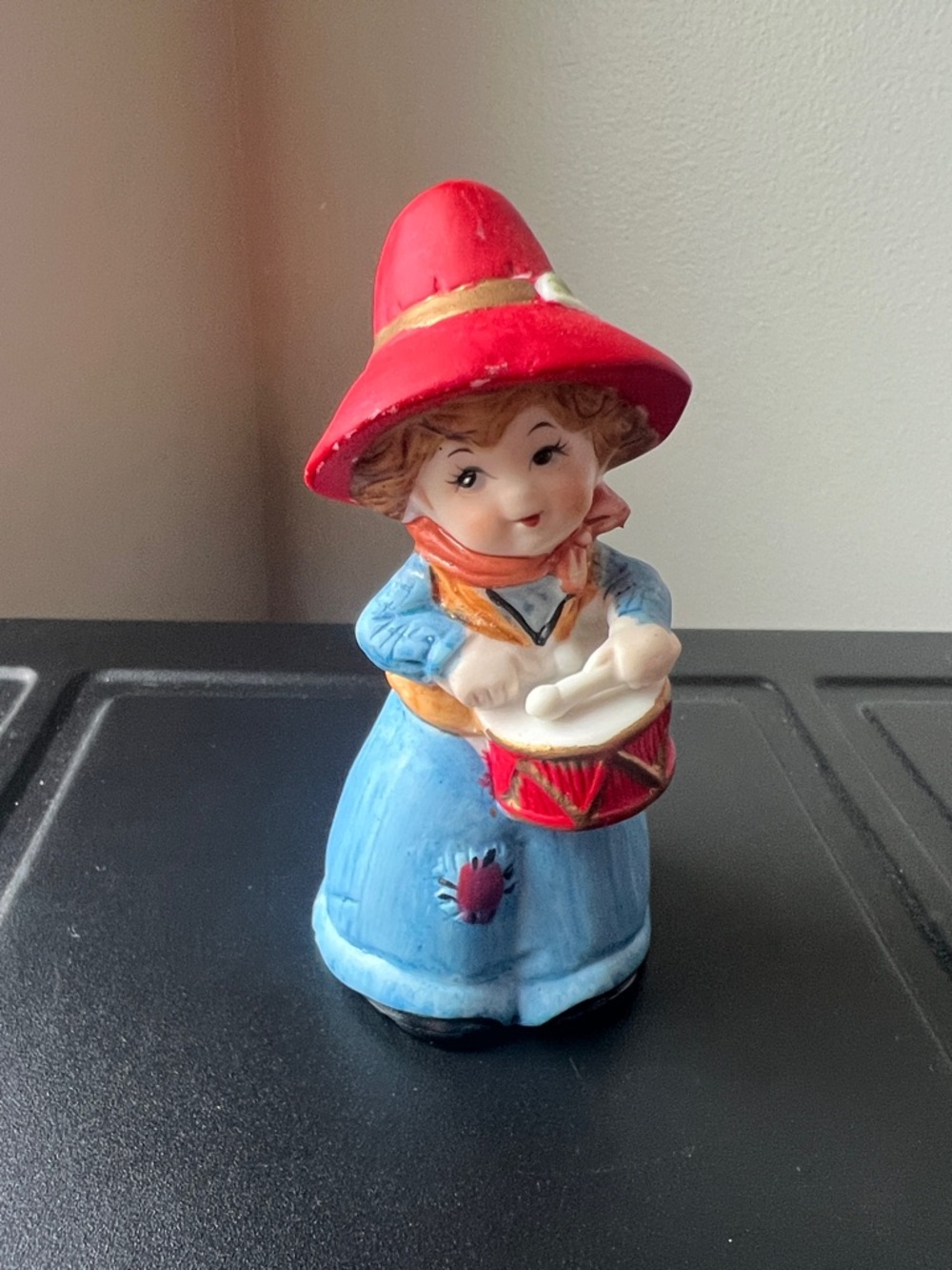 Vintage Ceramic Drummer Girl Figurine - Red Hat, Blue Dress. Jasco Merri Belle